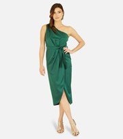 Mela Dark Green Satin One Shoulder Midi Dress